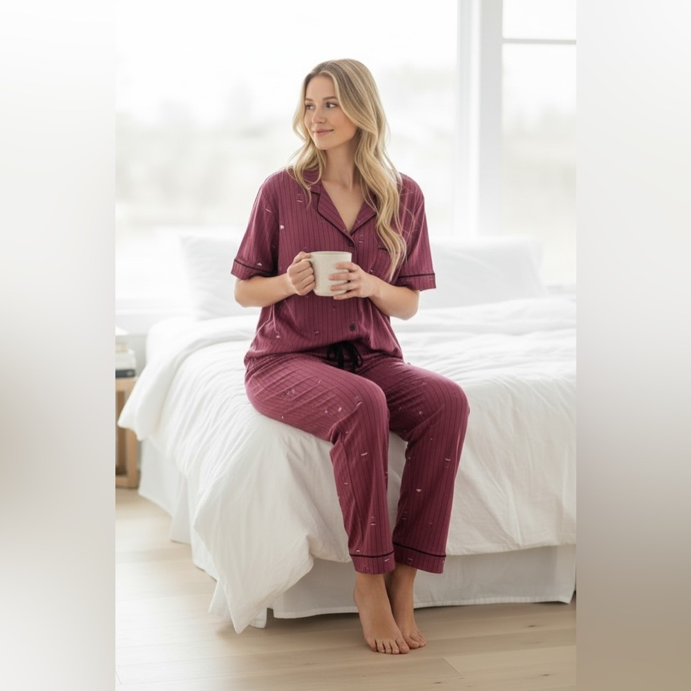 Rae Dunn 3 Pc Striped Wine Glass Pajama Set - Picture 3 of 9